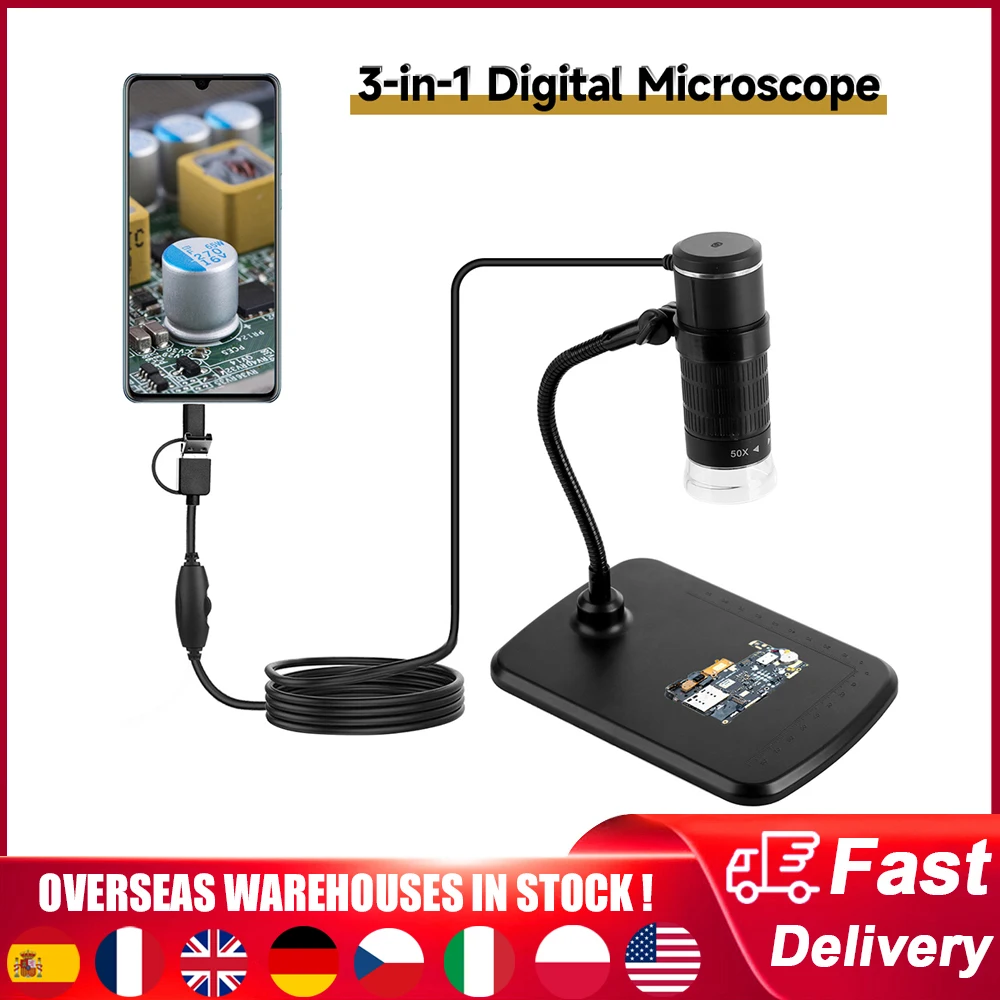 

3 in 1 Digital Microscope 50X-1000X Magnification 1080P Type-C+Micro USB+USB Ports Handheld Portable Mini Electronic Microscopio