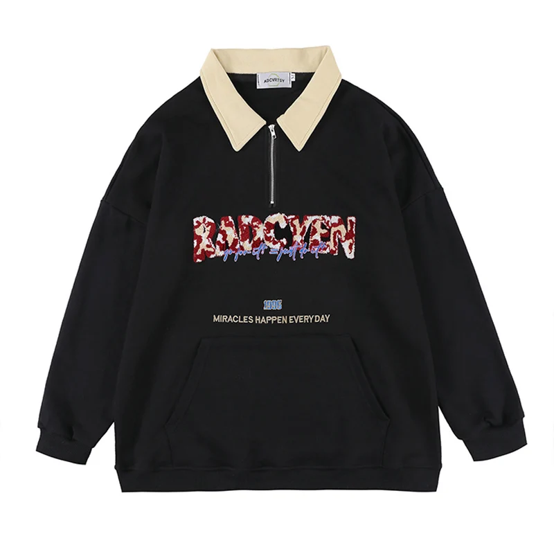 

Уличная одежда в стиле хип-хоп, японский пуловер в стиле ретро, свитшот с надписью и вышивкой, толстовка контрастных цветов с отворотом, черная парная