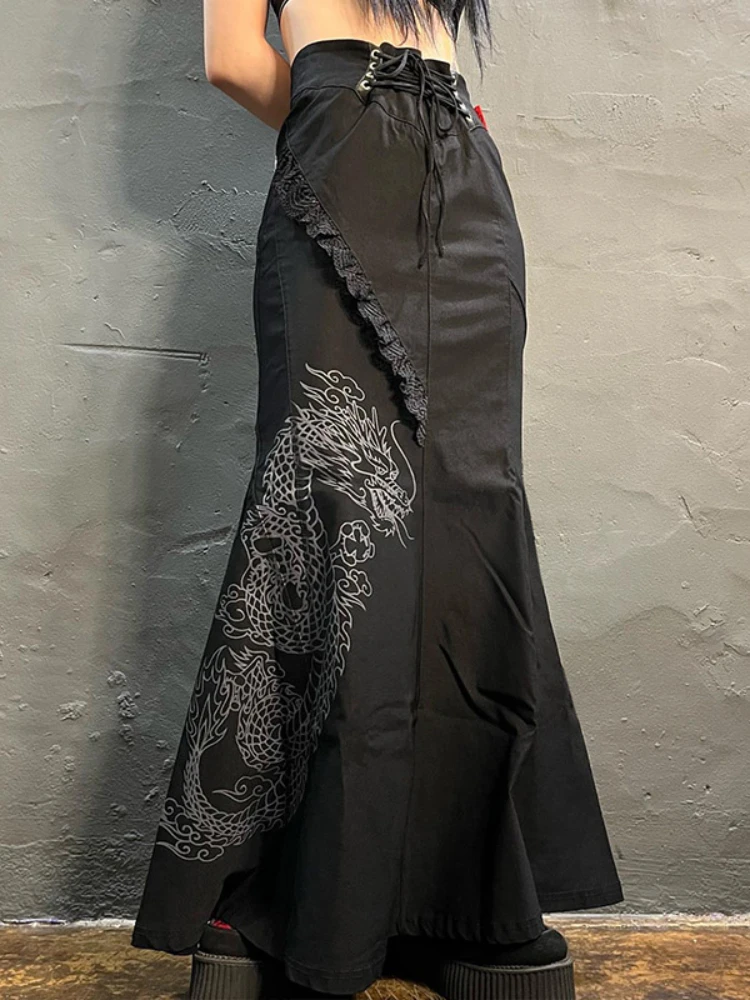 

HOUZHOU Gothic Mermaid Skirt Long Women Vintage Chinese Dragon Print High Waist Lace Up Slim Goth Black Maxi Skirt Streetwear