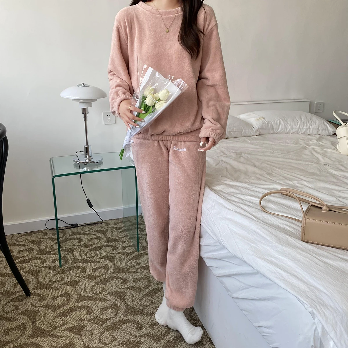 Women Girl Autumn Winter Coral Fleece Pajamas Fashion Solid Color Sleepwear Clothes