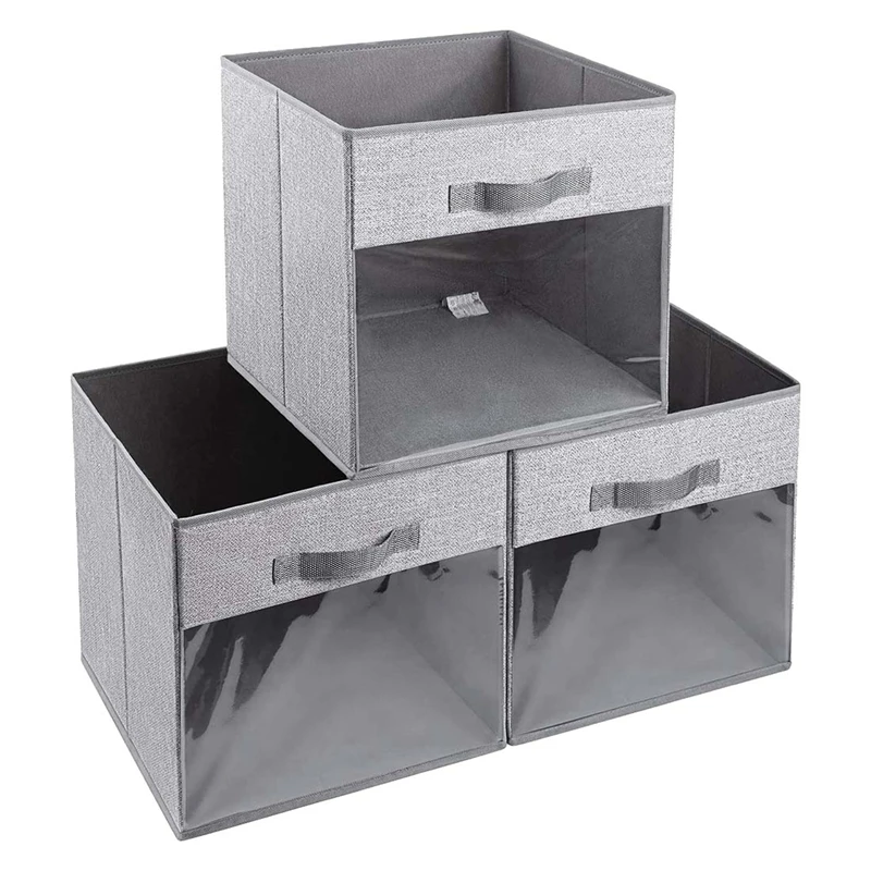 

3 Packs Storage Box,Fabric Storage Bin Organizer With Clear Window, Foldable Storage Baskets For Shelves