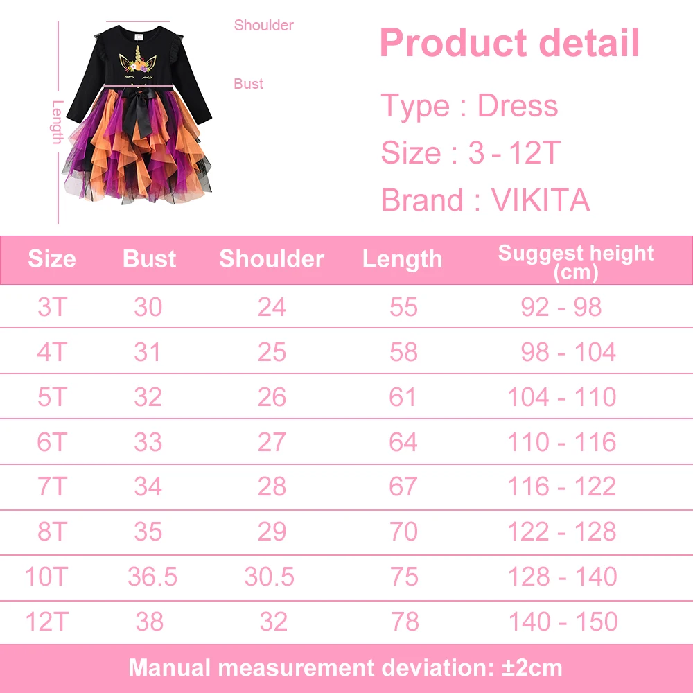 VIKITA  Dress for Kids Girl Halloween PumpkinLayered Mesh Tulle Princess Dress Children Cosplay Festival Clothes 3-12Years