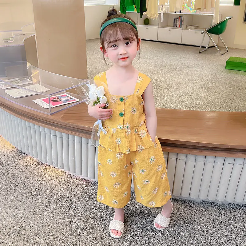 Summer Girls Clothing Sets Floral Print Ruffles Tank Top+Shorts 2Pcs Beach Vacation Baby Kids Clothes Flowers Suit 2 3 4 5 7 9Y