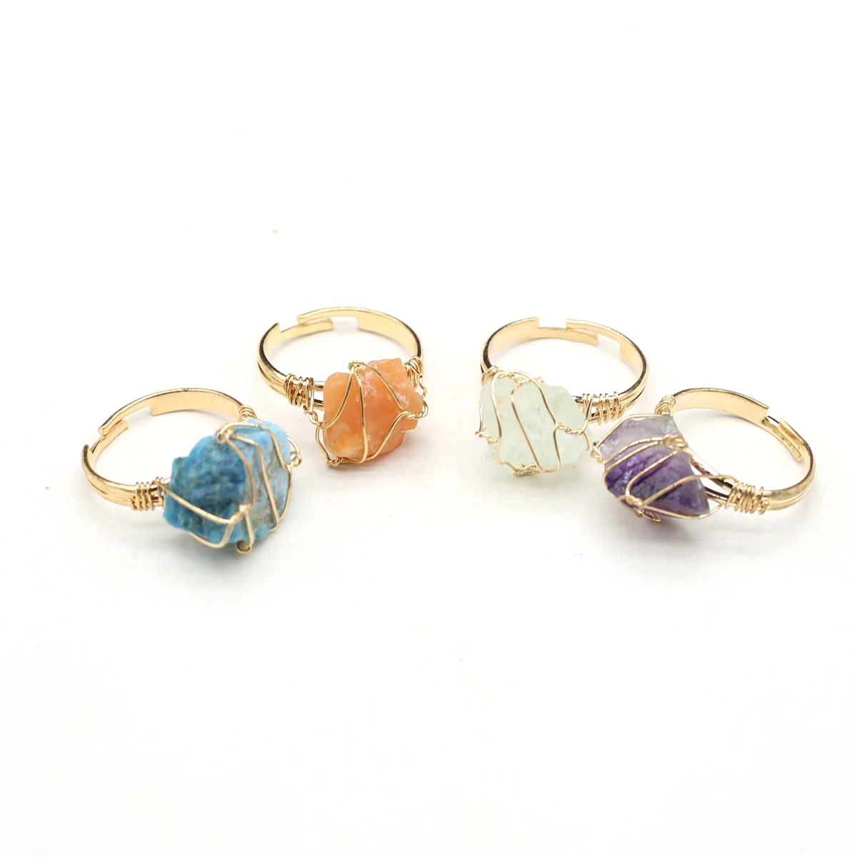 

Adjustable Natural Stone Crystal Ring Rose Quartz Amethyst Blue Kyanite Apatite Jade Wire Winding Rings for Women Men Jewelry