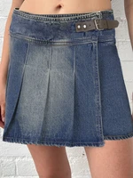 sunny y j cute y2k denim pleated skirts with belt summer 2022 preppy style low waist vintage casual cow girl mini a line skirt