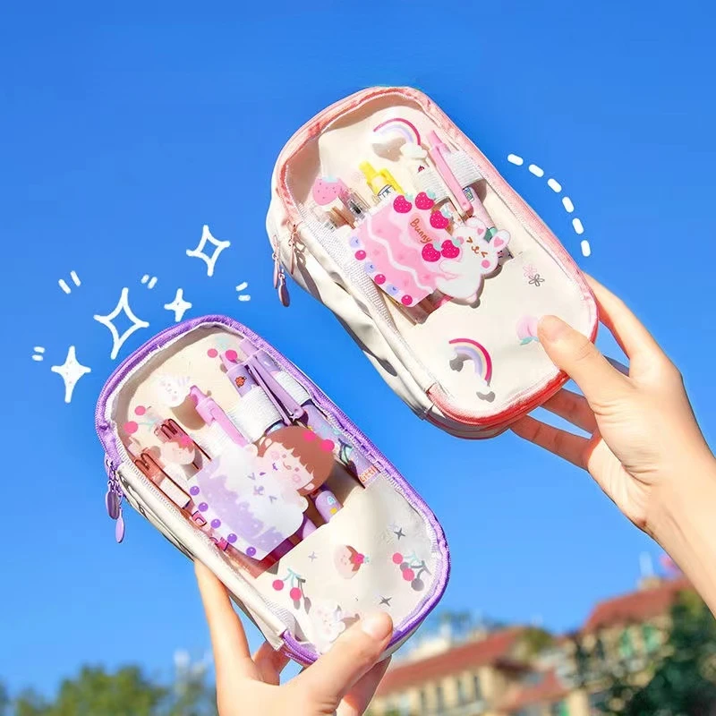

Cartoon Cute Rabbit Transparent Waterproof Pencil Case Kawaii Japanese Student Stationery Kids School Supplies Pencil Box пенал