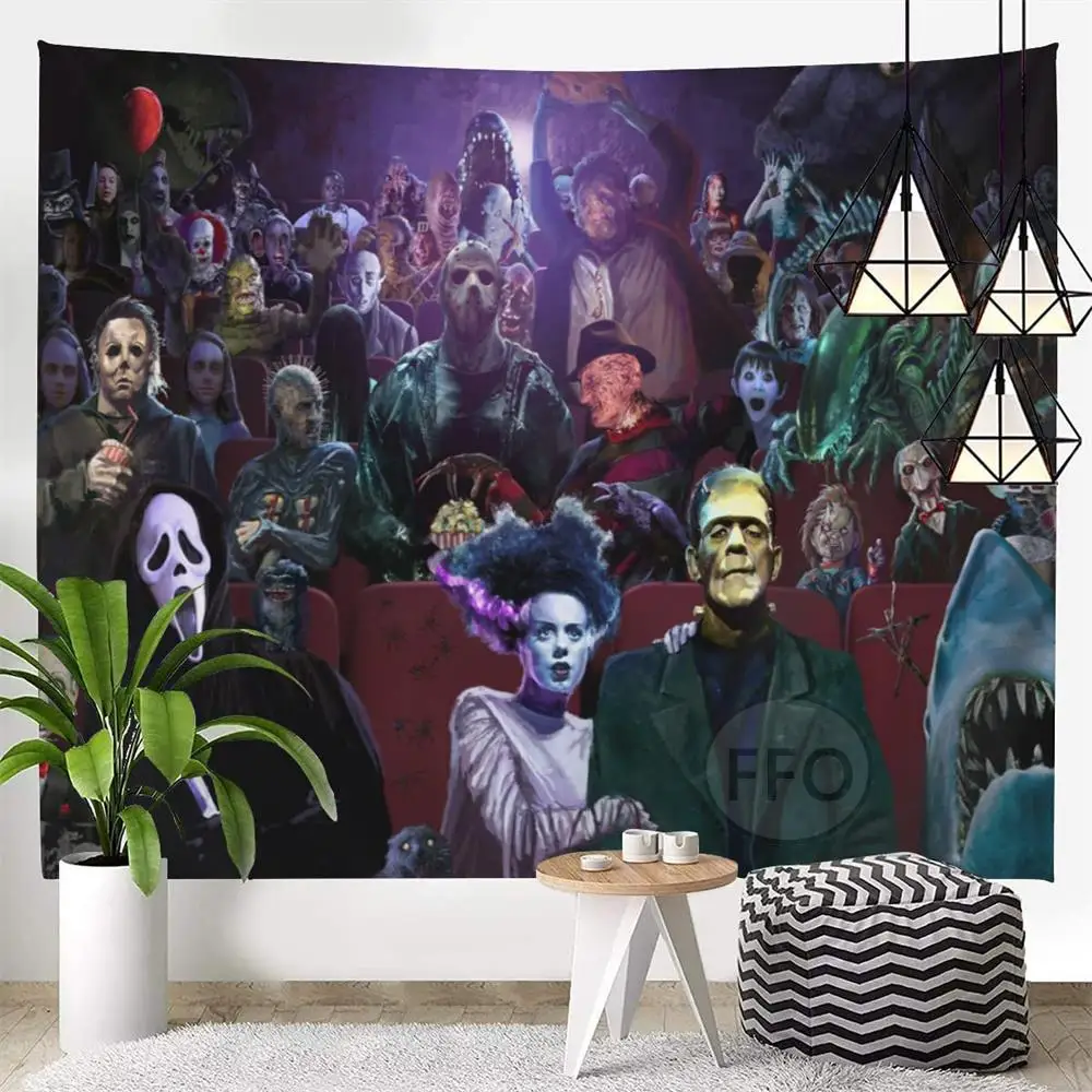 

Настенный гобелен с персонажами из фильмов ужасов, Настенный декор, гобелен на Хэллоуин, эстетическое украшение, настенное пляжное одеяло д...
