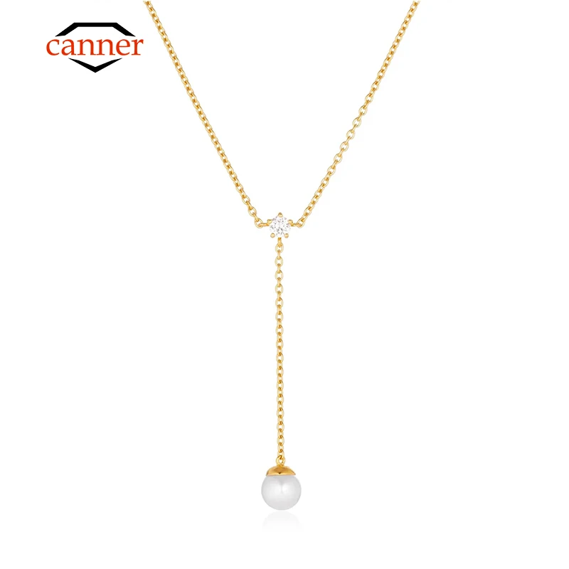 

CANNER 925 Sterling Silver Gold Plated Pearl Pendant Ladies Fashion Clavicle Chain Necklace Birthday Gift Wedding Party Jewelry