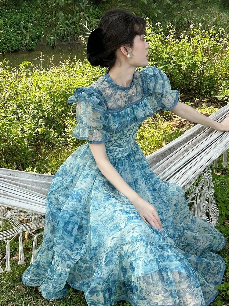 

Женское винтажное платье с рукавом, Сетчатое вечернее платье для выпускного вечера, платье принцессы во французском дворцовом стиле, лето ...