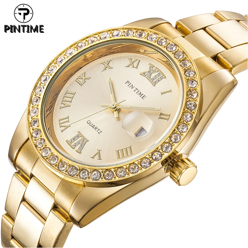 

PINTIME Quartz Watch Men Luxury Top Brand Gold Golden Diamond Watches Men's Roman Numerals Wristwatch Business Man Clock Male
