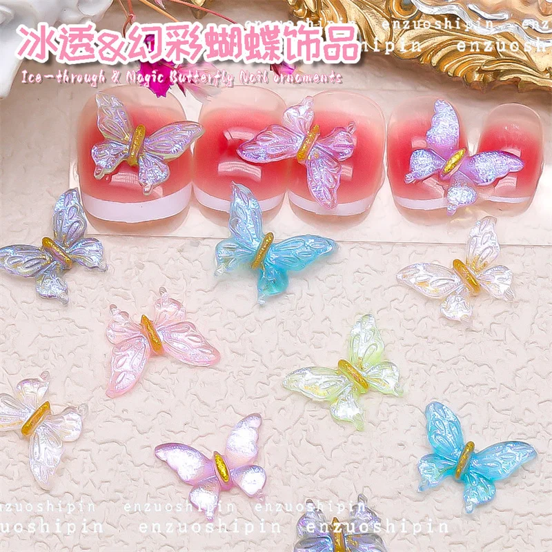 

10pcs Aurora Glitter Butterfly Nail Rhinestones Mixed Color Ice Transparent Resin Nail Charms Jewelry DIY Deco Kawaii Accessory