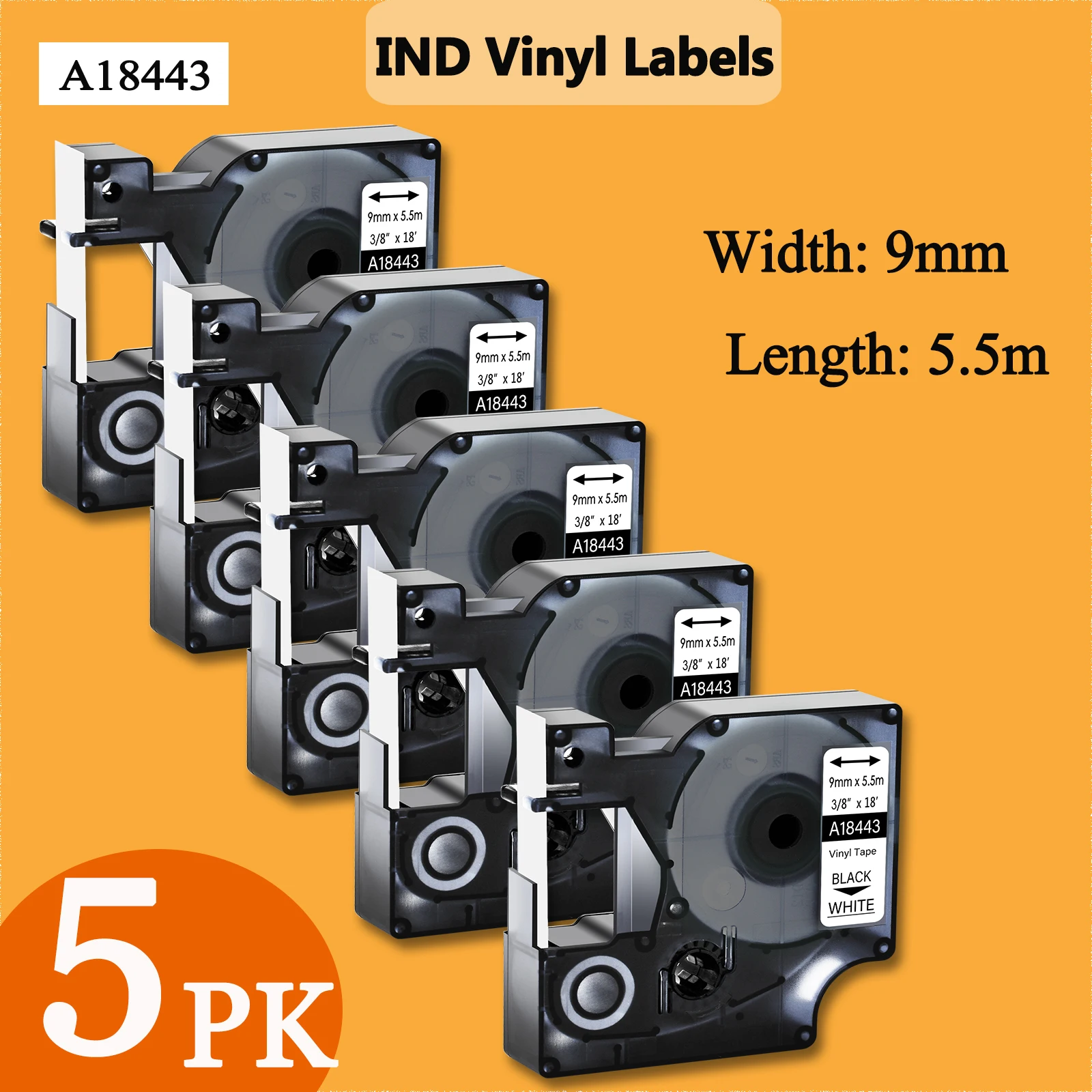 5PK IND виниловые этикетки 9 мм 18443 лента для этикеток черная на белом совместимая с