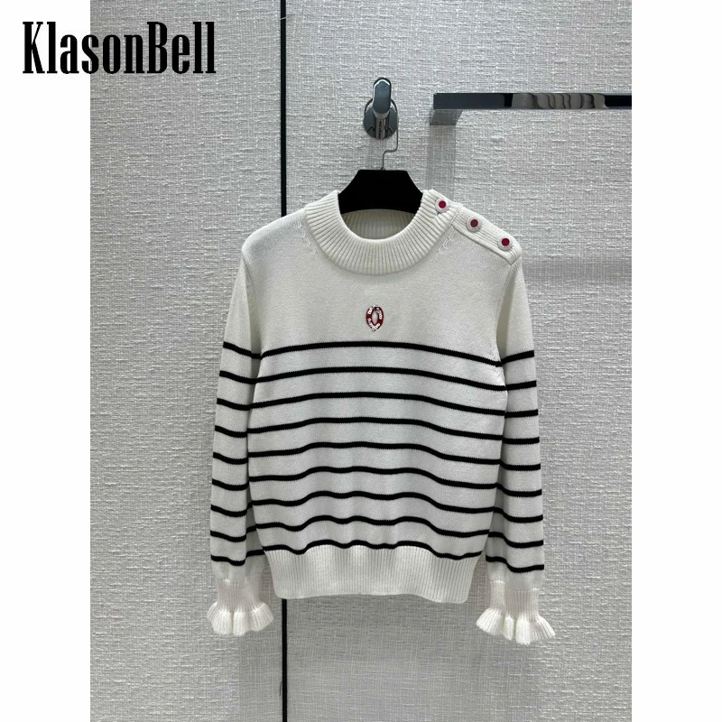 

11,19 KlasonBell винтажный элегантный полосатый с буквами и блестками с вышивкой пуговицы с оборками с длинным рукавом вязаный пуловер свитер для ...