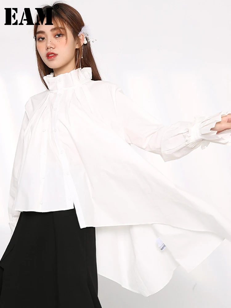

[EAM] Women Irregular White Pleated Long Big Size Blouse New Stand Collar Long Sleeve Shirt Fashion Spring Autumn 2022 1U31400