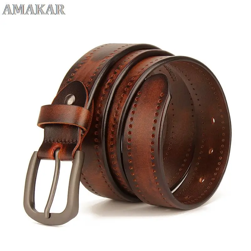 

Male Genuine Leather Belts For Men Vintage Brown Color Jean Pin Buckle Strap Luxury Leather Belt Cow Skin 3.4cm Width