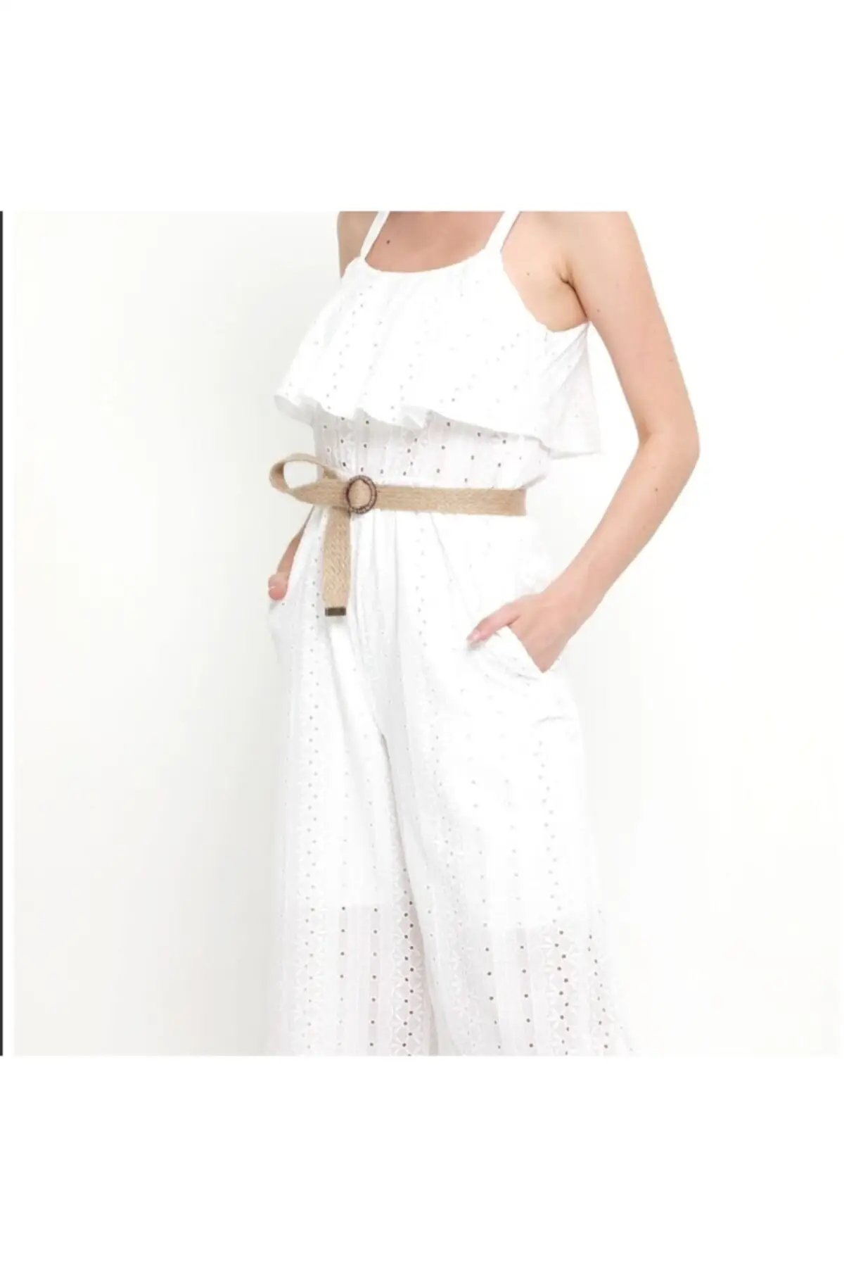 

Women's Overalls Straw Belt Scalloped Hot Style Quality Fabric Sleeveless Baggy Trousers Casual Jumpsuit