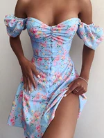women summer dresses puff sleeve off the shoulder strapless floral printing dresses ladies high waist beach vestidos