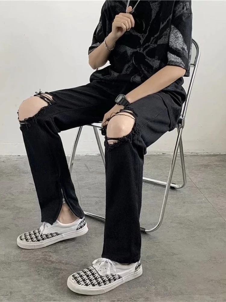 American Pants High Street Tide Hole Jeans Men's Design Sense Trousers Zipper Retro Washed Pants 2022 Clothing New