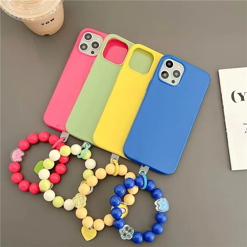 

Colour Beads Wrist Shockproof Case For iPhone 13 12 14 Pro Mini X XS Max XR 7 8 Plus SE 2020 Hand Chain Color Cover