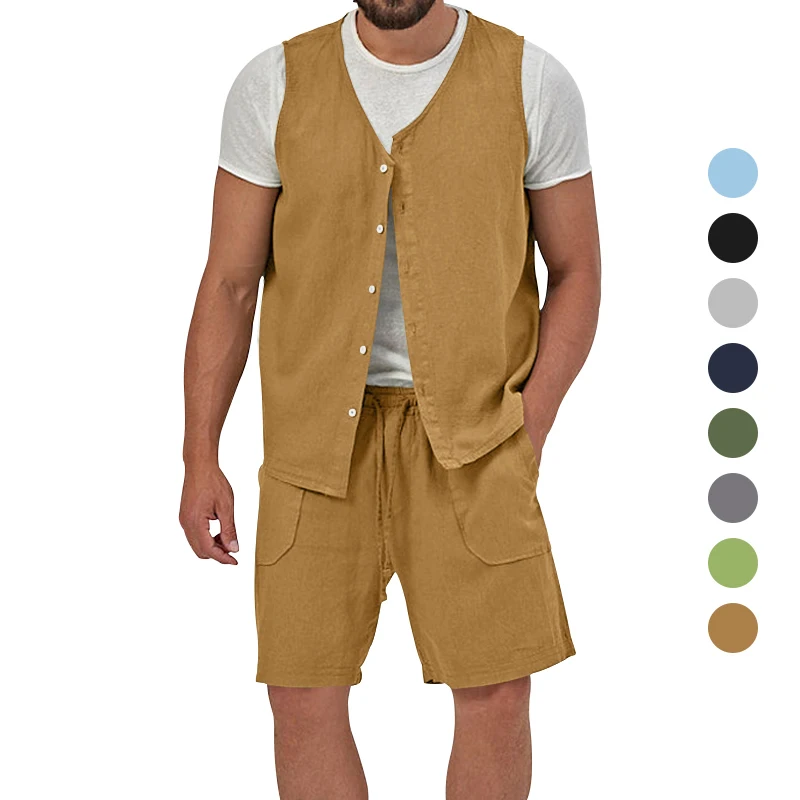 Summer Men's Vest Cotton Linen Suit  Collar Casual Slim Fit Waistcoat For Man Clothing Fashion Short 2pcs Set