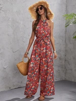 2022 summer new style fashion temperament print hanging neck sleeveless casual sexy straight tube wide leg jumpsuit woman pants