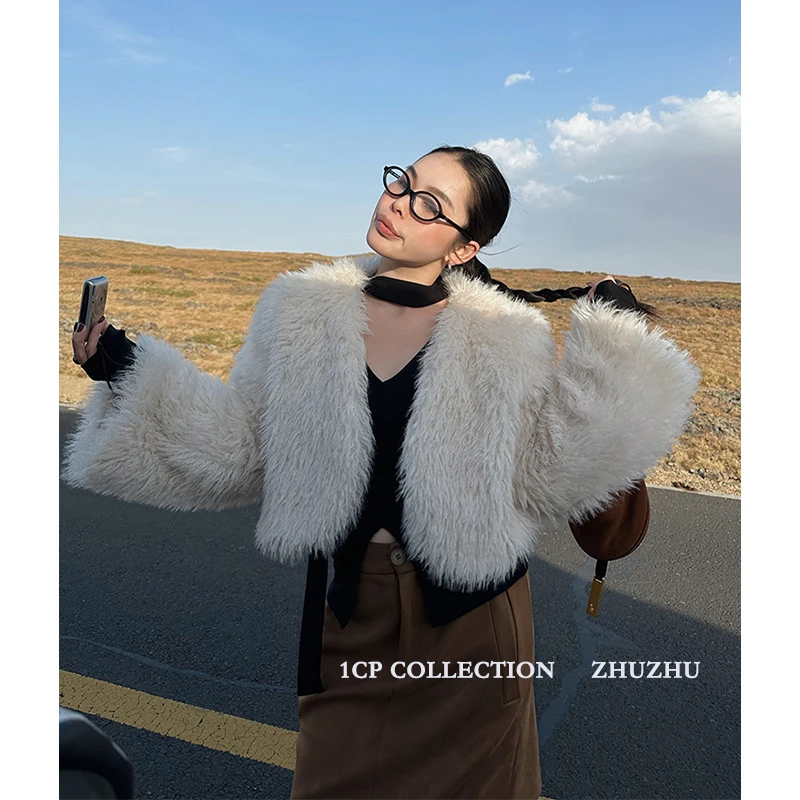 CP White Socialite Fur Outwear Female Heattech Thick 2023 Winter New Brown Long Easiest for Match Tops