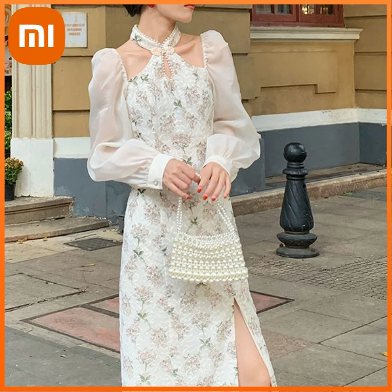 

Xiaomi French Cheongsam Vintage Dress Women Elegant Split Embroidery Long Sleeve Midi Dress Female Casual Evening Party Dresses