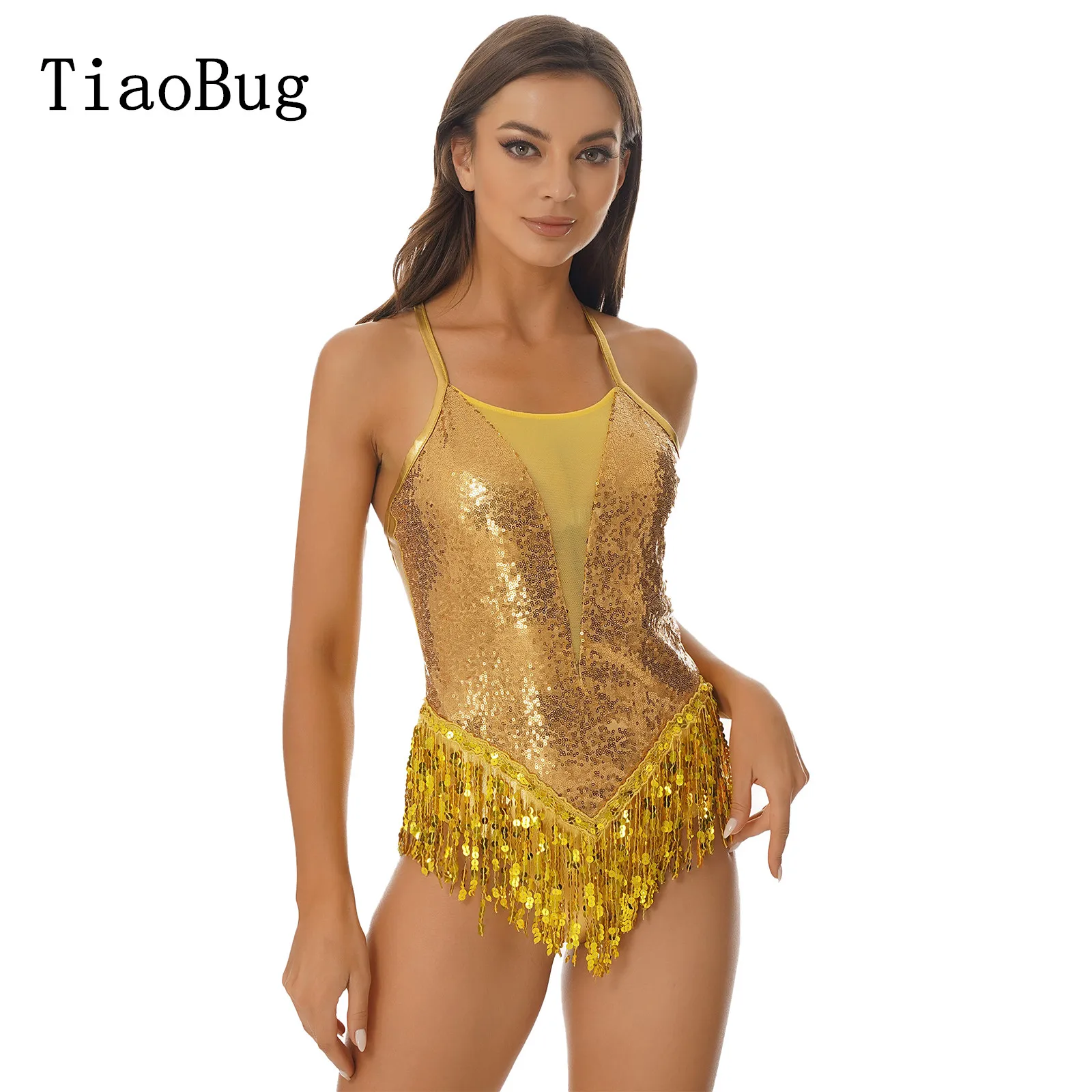 

Women Sparkling Sequins Fringed Dance Leotard Cross Back Bodysuit Latin Performance Costume