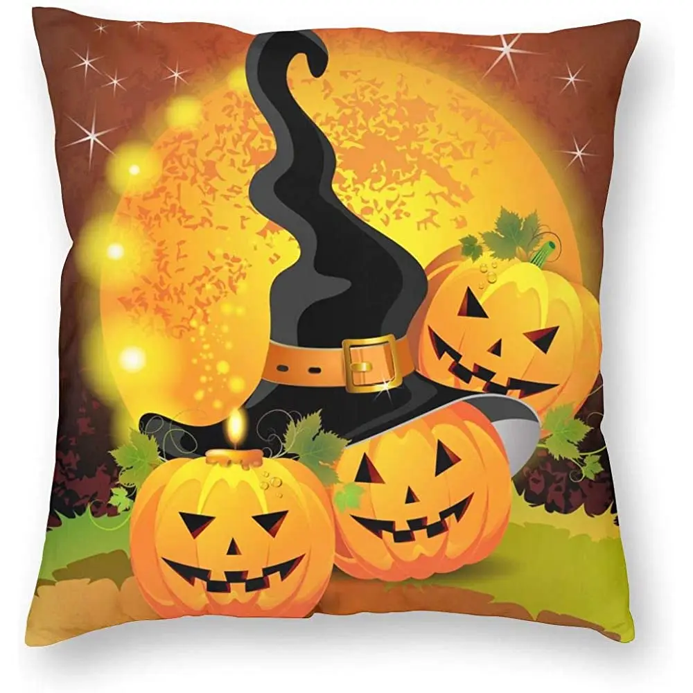 

Decorations Throw Pillow Cushion Cover,Witches Hat Spooky Pumpkins Night Autumn Nature Full Moon, Decorative