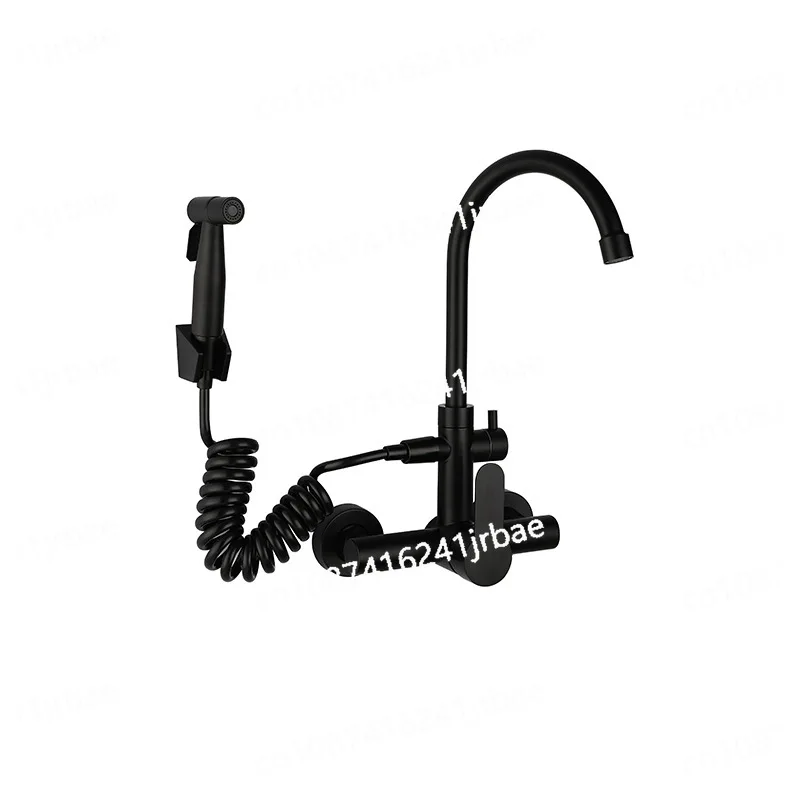 Черный/никелевый кухонный смеситель с распылителем настенный для горячей и