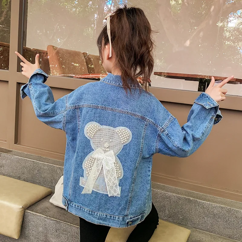 

Весенняя длинная одежда, новинка, хлопковая Милая джинсовая куртка для девочек 8 дюймов с отложным воротником, корейские куртки с медведем, пальто с воротником для мультяшных рукавов