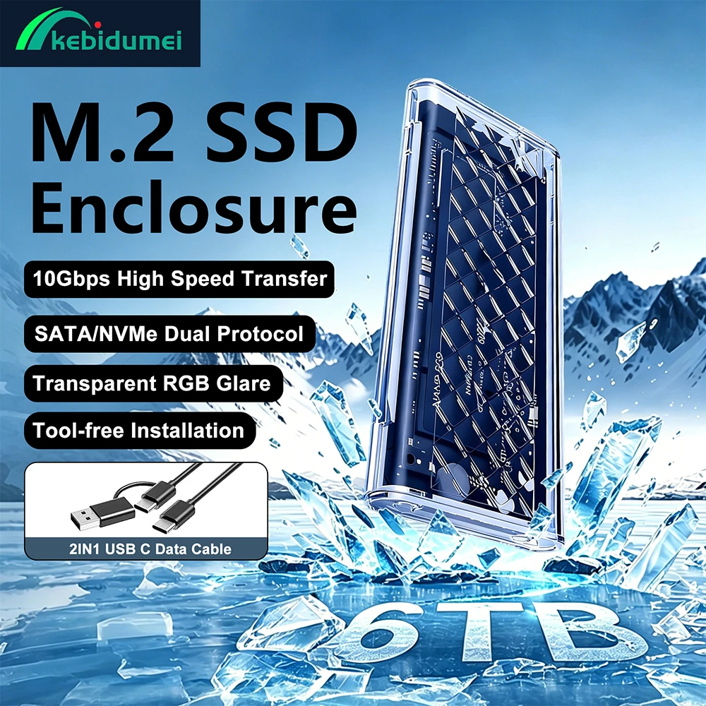 Фото Корпус для SSD-накопителей Kebidumei M.2 NVMe PCIe, M.2 NGFF SATA, 10 Гбит/с, прозрачный, с RGB-подсветкой, для M-ключей и M&B-ключей №1