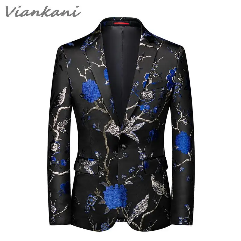 

Luxurious Mens Blazers Fashion Jacquard Floral Suit Jacket Wedding Banquet Night Club Party Prom Coats Singers Slim Fit Blazers