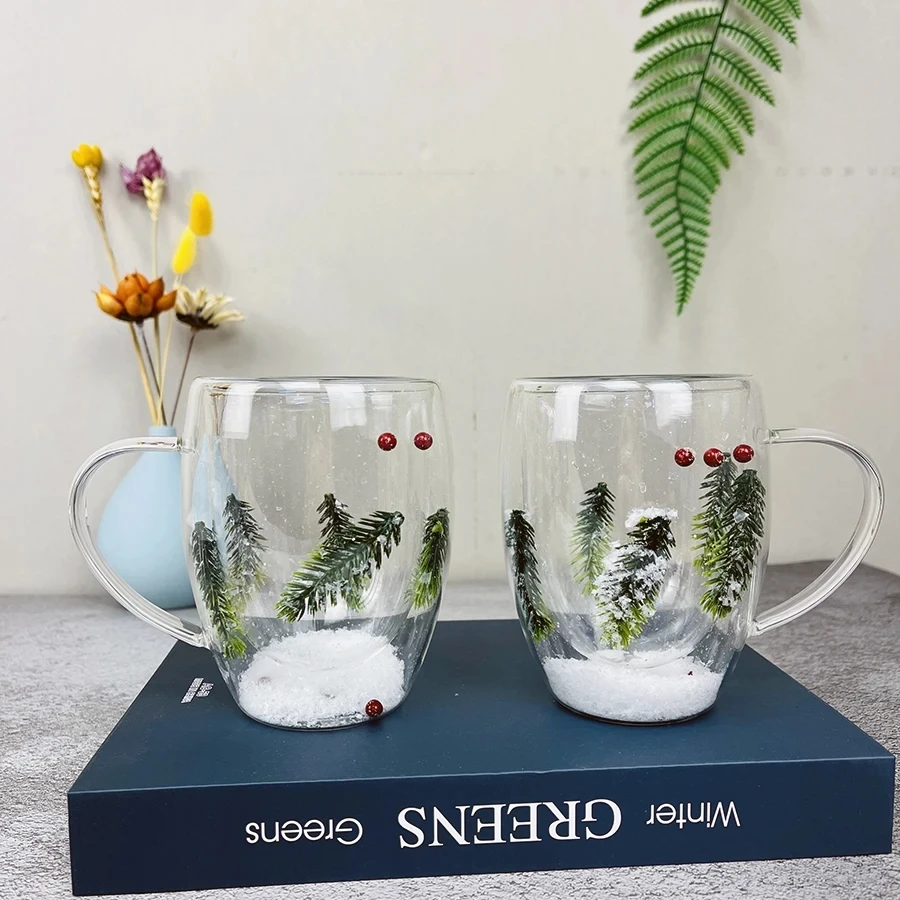 

1-4pcs Christmas Tree And Snow Double Wall Clear Glass Cup Heat-resistant Coffee Milk Mug Tea Espresso Cup Holiday Gifts 350ml
