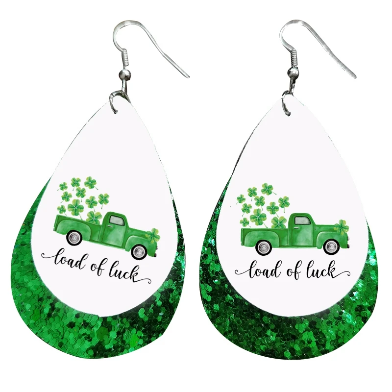 

Wholesale Fashion Two Layers Load Of Luck Truck St Patrick's Day Faux Leather Teardrop Earrings