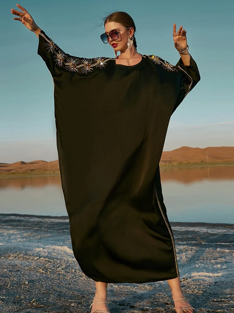 Handwork Diamonds Moroccan Caftan Black Satin Abaya Batwing Cape Evening Party Dress Women Islam Clothing Jalabiya Muslim Kaftan