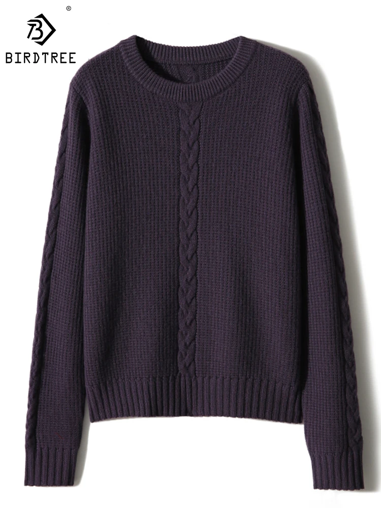 

Birdtree 90% Wool 10% Cashmere Pullover Round Neck Vintage Cable Solid Color Languid Slim Comfortable Commute Sweater T3N244QD