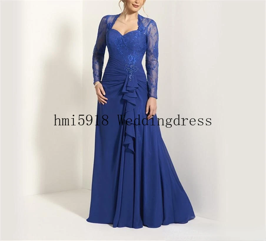 

Sweetheat Long Sleeves Applique Royal Blue Chiffon Mother of the Bride Dress Ruffles Front Keyhole Back A-line Maid Dresses