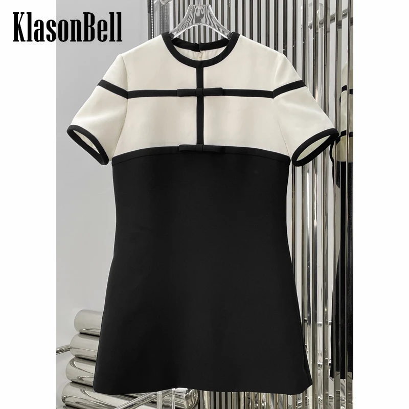 6.7 KlasonBell Bow Short Sleeve Round Neck Contrast Color Mini Dress Women