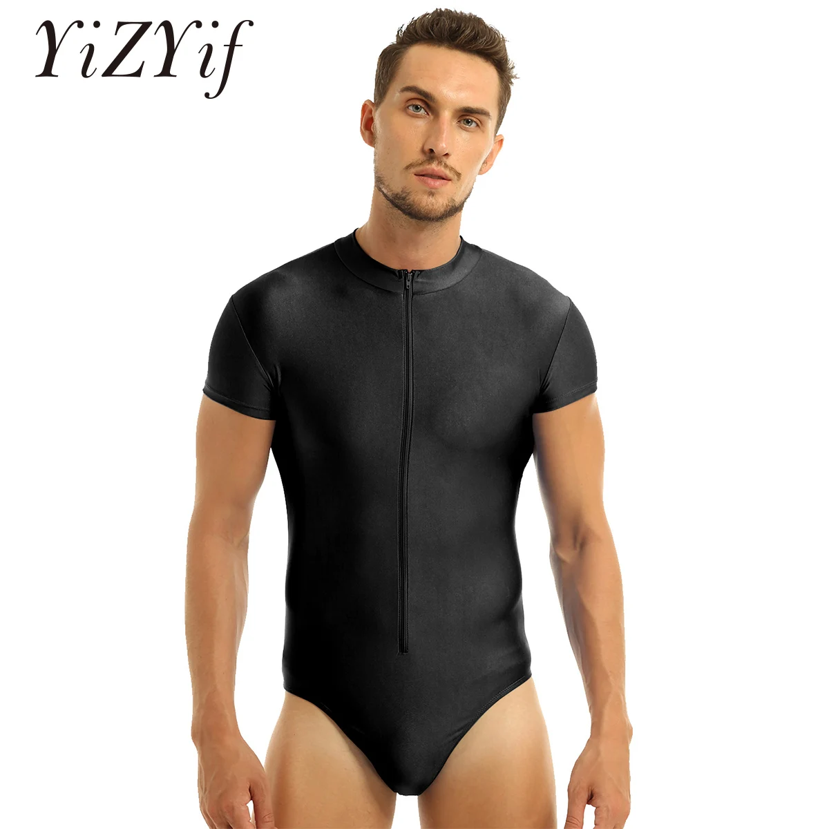 

Мужское цельнокроеное боди с высоким вырезом, круглым вырезом и короткими рукавами, на молнии спереди, эластичное балетное танцевальное тр...