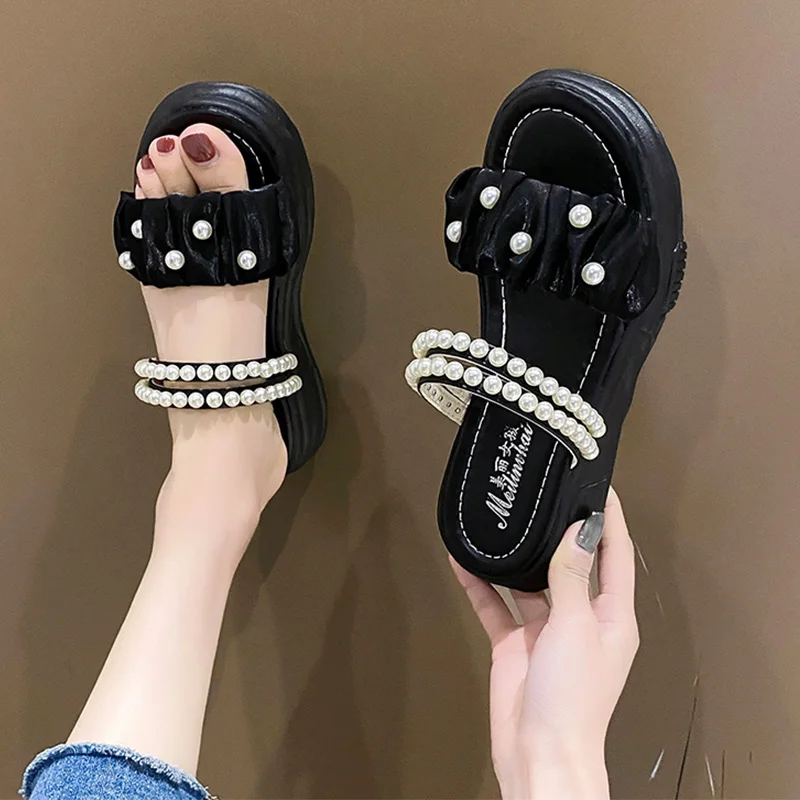 

Shoes Med String Bead Ladies' Slippers Platform Luxury Slides Slipers Women Flat Designer 2022 Fashion Basic PU Scandals