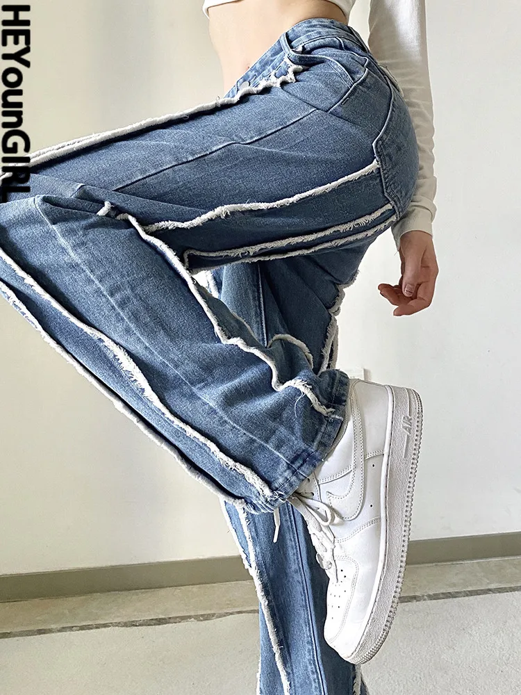 

HEYounGIRL Women's Fashion Korean Jeans Casual Patch Designs High Waist Aesthetic 2022 Street Outfits Straight Denim Pants Y2K
