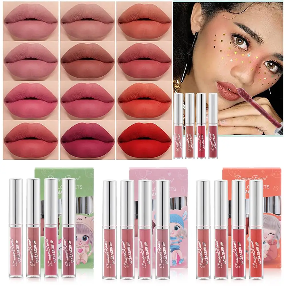 

4pcs/box Matte Fresh Lip Glaze Bean Paste Color Lipstick Long Lasting Non-Stick Cup Lip Stain Waterproof Lip Gloss Makeup Gifts