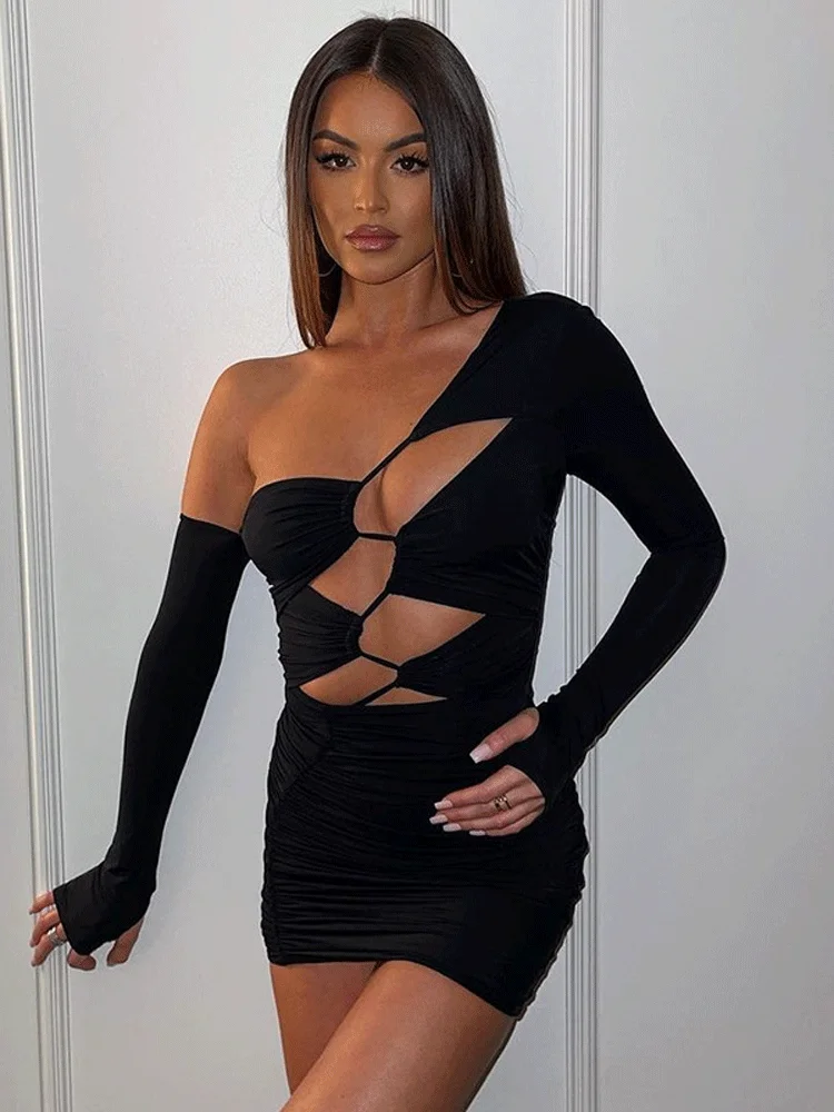 

Ladies Hollow Out Sexy Club Wear Y2K Clothes One Shoulder Long Sleeve Backless Bodycon Mini Dresses For Women Party Fall Outfits