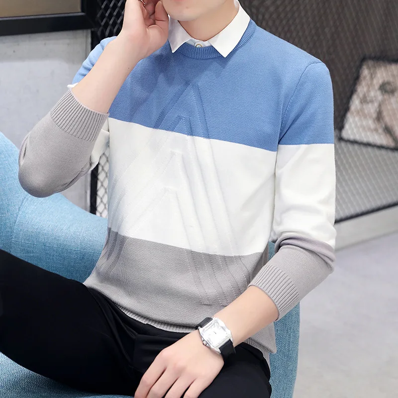 Fake Two-piece 2023 Spring And Autumn Sweater Student Boys Shirt Collar Sweater Fashion Warm Base Shirt