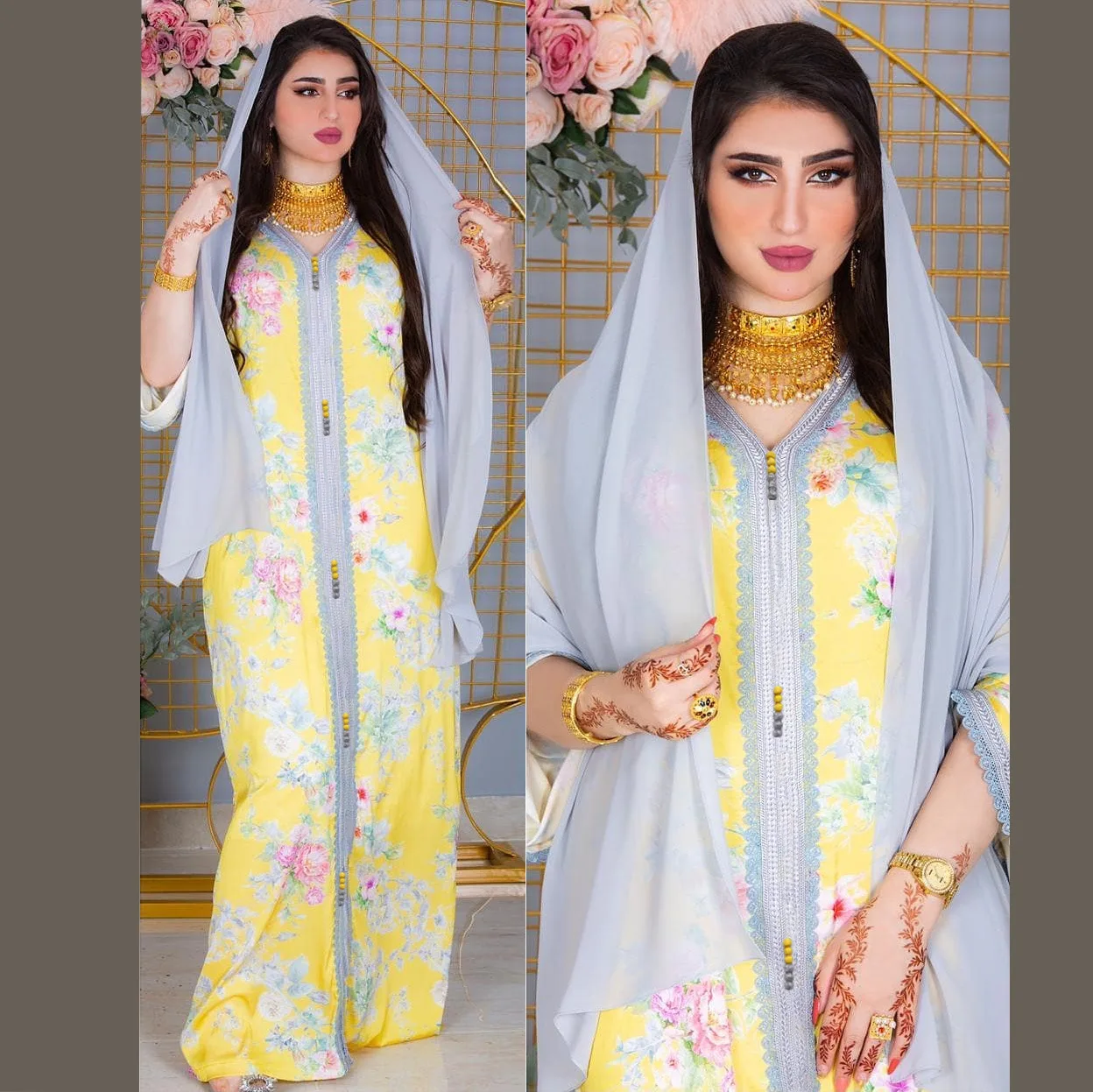 

New Ramadan Four Seasons Dress Yellow Bottom Pink Temperament Robe Ladies Muslim Clothing Banquet Party Casual