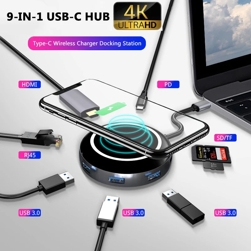 Wireless Charging USB C Hub Adapter with HDMI 4K Ethernet RJ45 Wireless Charger PD SD/TF Docking Stationfor MacBook Pro Huawei