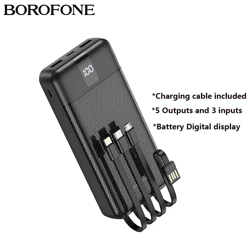 

NEW2023 BOROFONE 20000mAh Built-in 4 Cables Powerbank With Digital Display 10000mAh Portable External Battery Travel Charger Pow