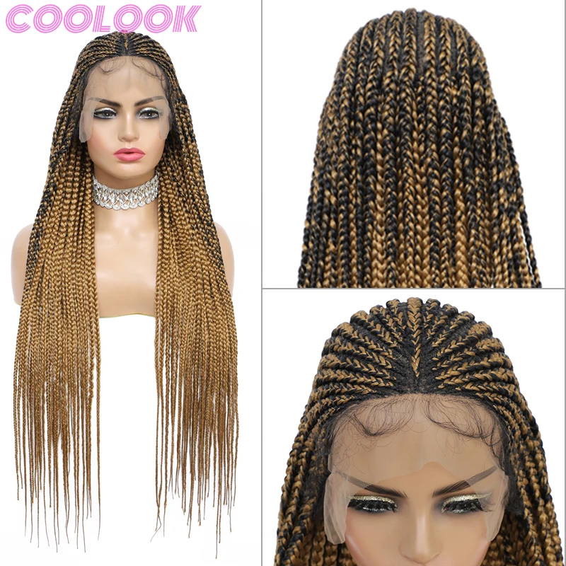 Ombre Blond Cornrow Braid Lace Front Wigs for Afro Women 36'' Box Braided Lace Wig Synthetic Knotless Box Braid Lace Frontal Wig