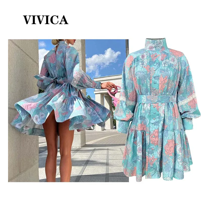 

2022 Autumn Women's New Fashionable Temperament Long-sleeved High-neck Large Swing Skirt Puff Sleeve Printed Short Dress